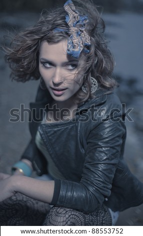 beauty portrait of young brunette woman, hair fly,