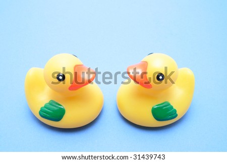 Pair of Rubber Ducks on Blue Background