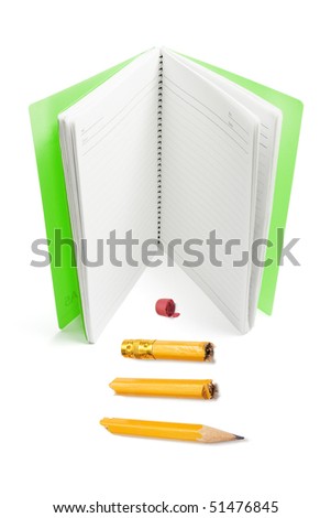 Note Book and Broken Pencil on Isolated White Background