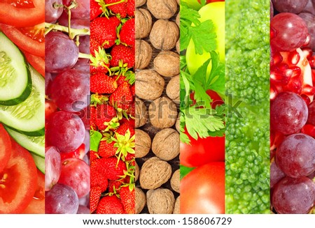Ripe fruits and vegetables collage as background.