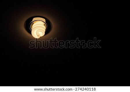 Energy save lamp on ceiling taken closeup on dark background.