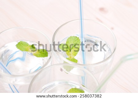 glass of clean water with mint on  table covered with a checkered napkin