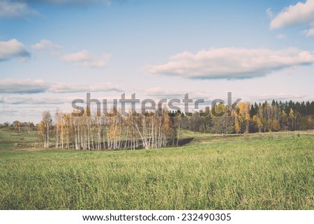 green field with trees in the autumn in country. Vintage photography effect.