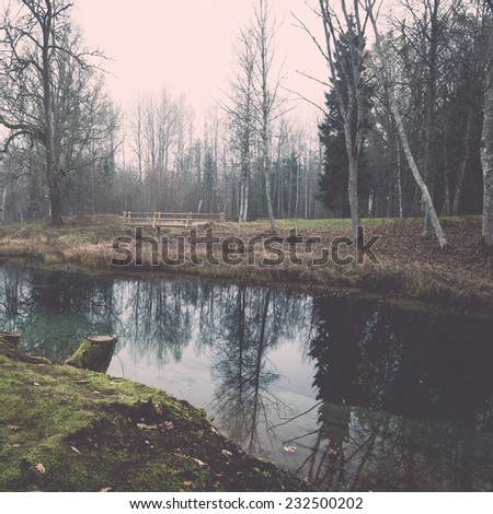 clear morning by small lake with reflections in latvia. Vintage photography effect.