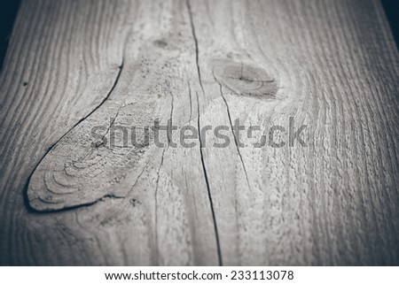 wooden plank with splinters and cracks. Vintage photography effect. Retro grainy color film look.