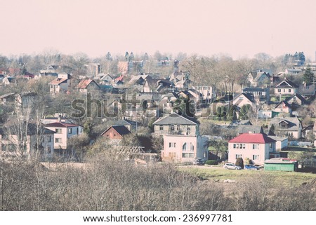 small town panoramic view from above. latvia. saldus - retro, vintage style look