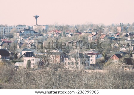 small town panoramic view from above. latvia. saldus - retro, vintage style look