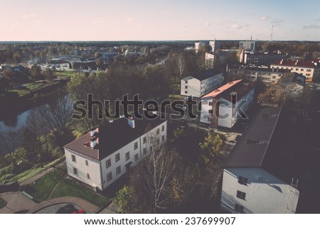small town panoramic view from above. latvia. valmiera - retro, vintage style look