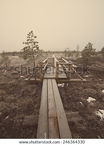 wooden boardwalk in frosty winter bog landscape with frozen nature - retro vintage effect