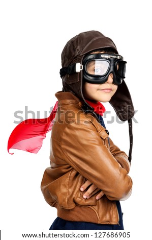 Young boy pilot isolated in white