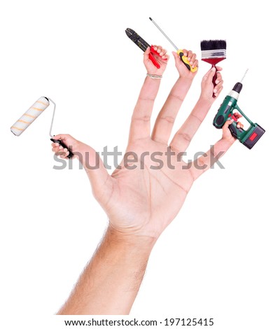Hand with several hands with construction tools as fingers