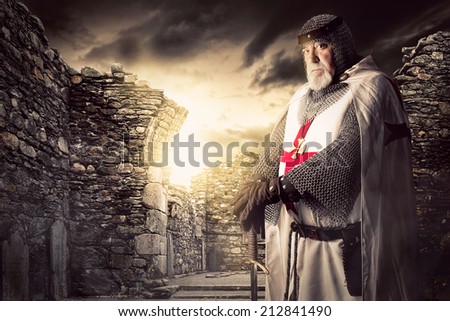 Knight Templar posing near some ruins