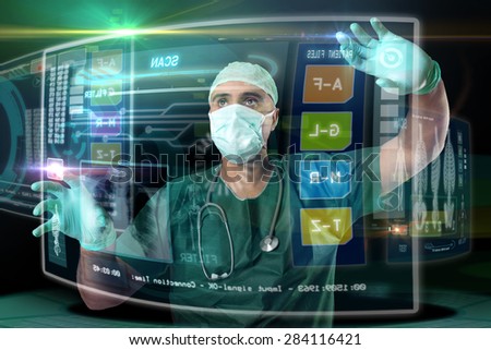 Doctor in uniform with digital  screens and heads-up display