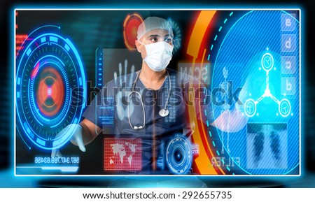 Doctor in uniform with digital  screens and keyboard