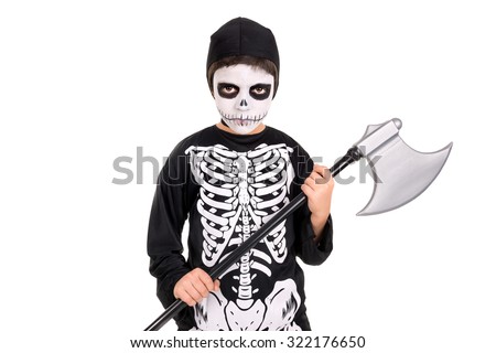 Boy with face-paint and skeleton Halloween costume isolated in white