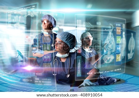 Doctors in a research station with digital  screens and keyboard