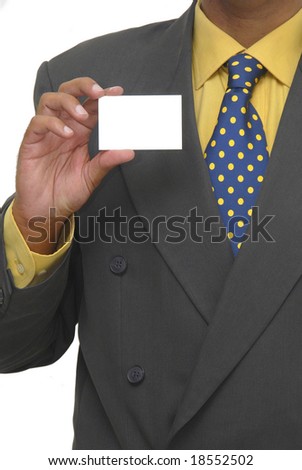 Detail of hand with business card with a white background
