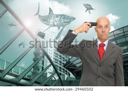 Desperate businessman  with gun and business sharks all around
