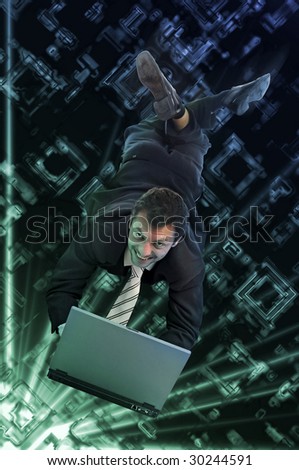 Businessman with laptop flying over a high tech background