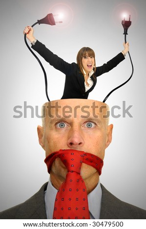 Businessman head open with woman inside taking control