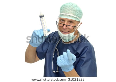 Doctor in uniform with huge syringe isolated in white