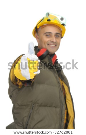 Out of focus worker with only his hand in foreground in focus showing thumbs up,  isolated in white