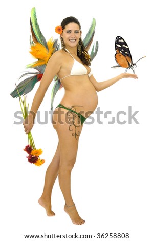 Pregnant fairy with tattoo and wings 