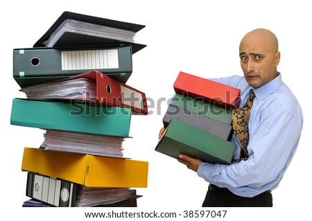 Tired businessman with heavy files isolated in white