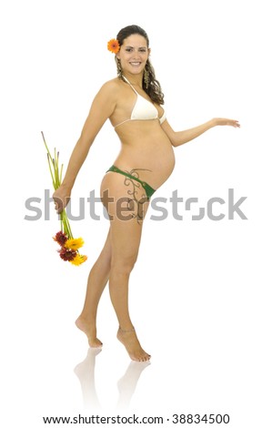 Pregnant woman with tattoo in bikini 