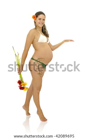 stock photo : Pregnant woman with tattoo in bikini holding a bunch of 