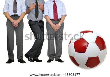 Barrier of businessmen with soccer ball waiting for a free kick isolated in white