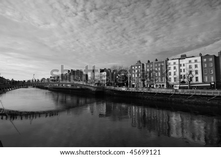 Dublin landmark, Ha\'penny bridge on Liffey River.