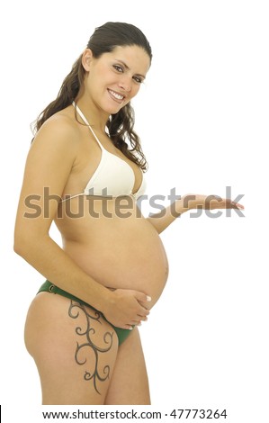 stock photo : Pregnant woman with tattoo in bikini isolated in white
