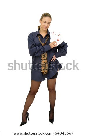 Sexy business girl with playing cards isolated in white