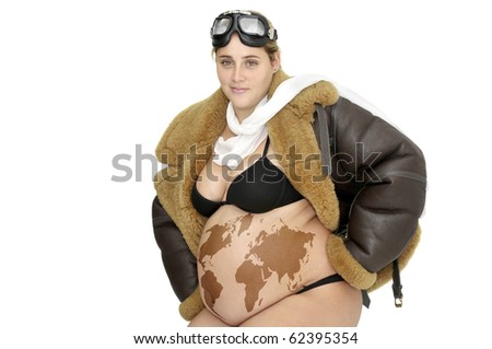 stock photo : Pregnant woman with pilot jacket and world map in her belly