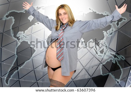 Pregnant businesswoman with open arms wearing a man\'s shirt and tie