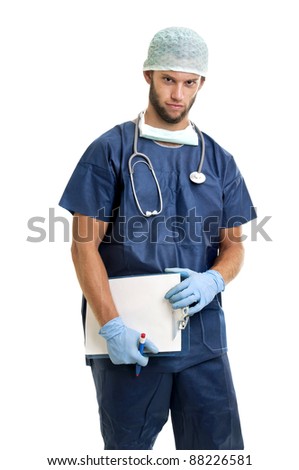 Doctor with a pad isolated against a white background