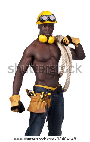 Strong build black construction worker with a rope isolated in white