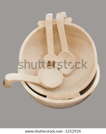 Wooden spoon, fork and bowl carved, isolated and with clipping path