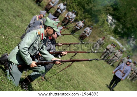 Soldiers in defense position in battle demonstrative show from first world war