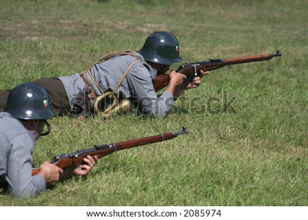 Soldiers in defense position in battle demonstrative show from first world war