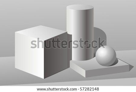 still life with geometric bodies, cylinder, cube, ball, half-tone picture