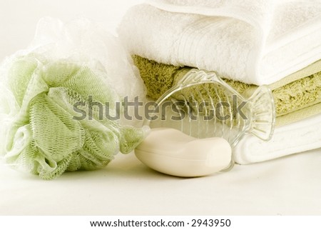 Bath items with soap, fish soap dish, sponge and towels