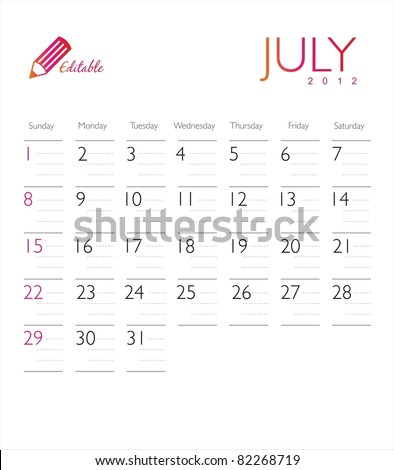 Vector Calendar 2012 July - 82268719 : Shutterstock