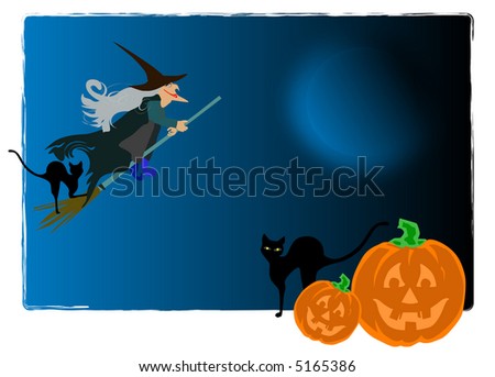 Halloween.Witch and black cat. Pumpkin moon.  Halloween postcard.