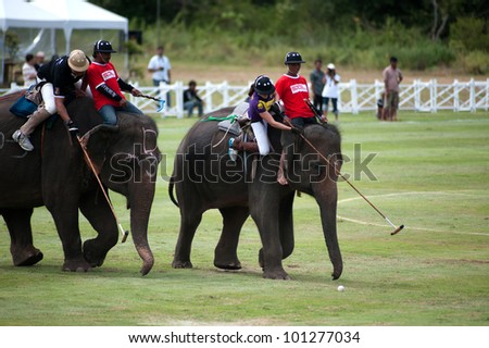 HUA HIN, THAILAND -SEPTEMBER 8: Unidentified polo players play in elephant polo games during the 2011 King \'s Cup Elephant Polo match on September 8, 2011 at Suriyothai Camp in Hua Hin, Thailand.