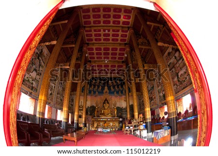 NAN,THAILAND-SEPTEMBER 27 : Ancient golden Buddhas inside church age of about 250 years at Wat Nong Dang temple on September 27,2011 in Nan Province,Northern of Thailand.