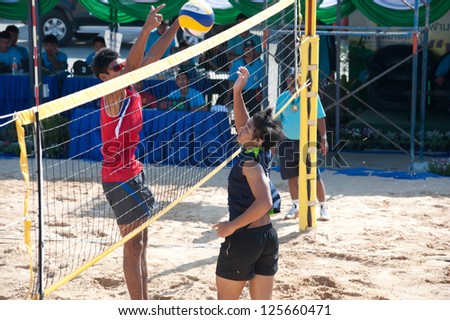 CHONBURI, THAILAND-JAN 18: Dunvinit  of Institute of Physical Education in action during Beach Volleyball 40thThailand University Games. at Chonburi stadium on Jan 18, 2013 in Chonburi, Thailand .
