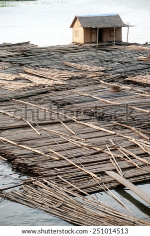 Bamboo raft on Port activities in Ayeyarwaddy river ,Central of Myanmar.
