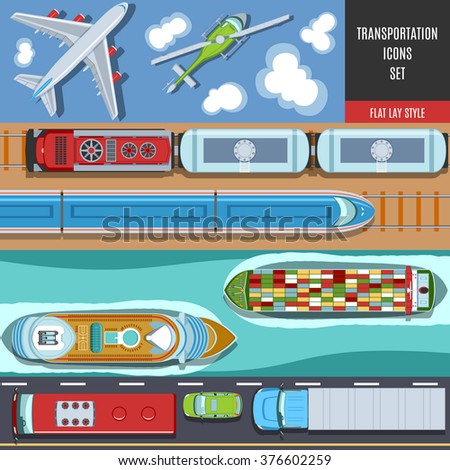 Transportation Colorful Icons Set. Top View. Flat lay Style.